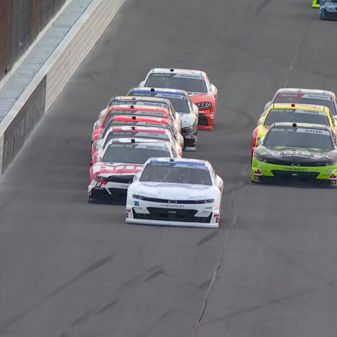 Multiple cars get collected as Austin Hill wins the opening stage!