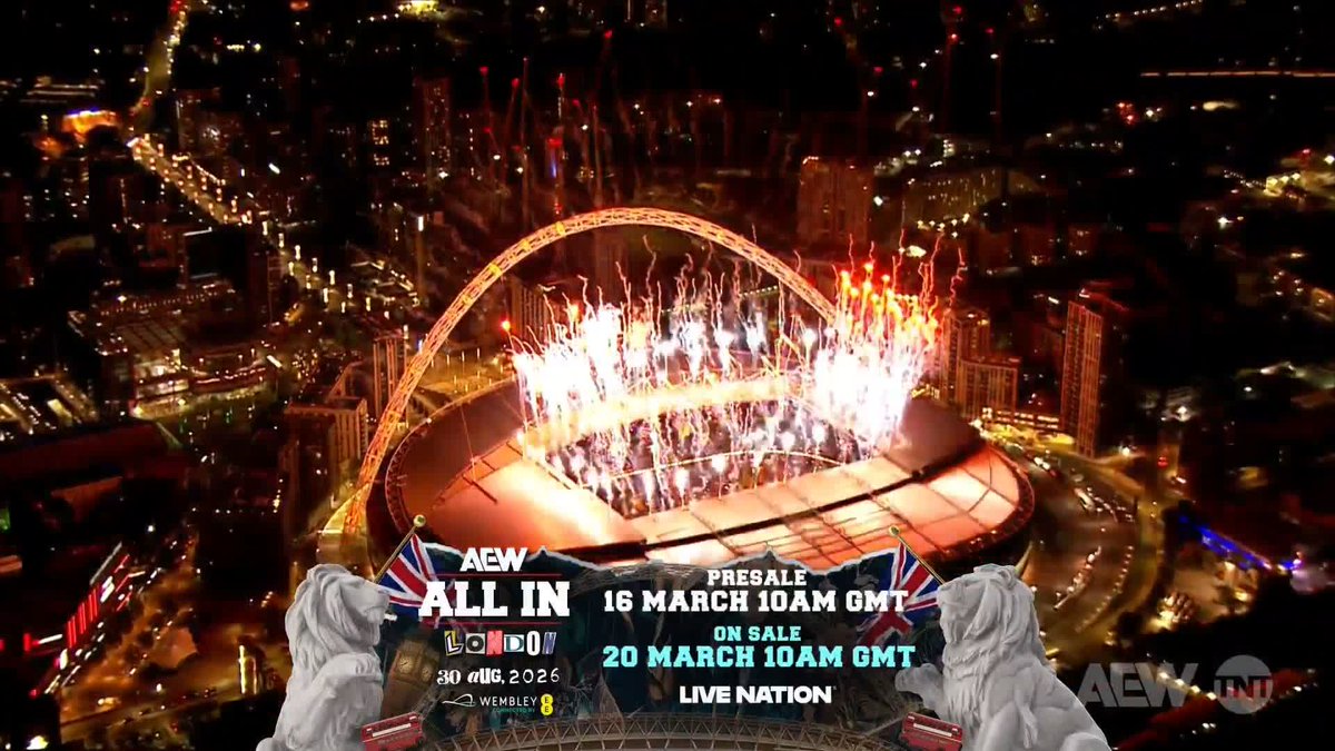 ALL ELITE WRESTLING RETURNS TO WEMBLEY STADIUM! #AEWAllIn is back in the UK at London’s iconic venue on Sunday, 8/30 – and you can sign up NOW for exclusive presale access, starting Monday, 3/16 at 10am GMT. Tickets for All In 2026 go on general sale Friday, 3/20 at 10am GMT!