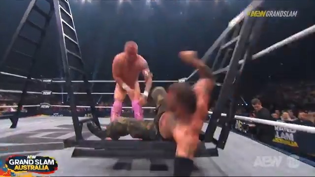 .@KyleFletcherPro sends Mark Briscoe crashing through a ladder! Watch #AEWGrandSlam Australia on TNT &amp; HBO Max