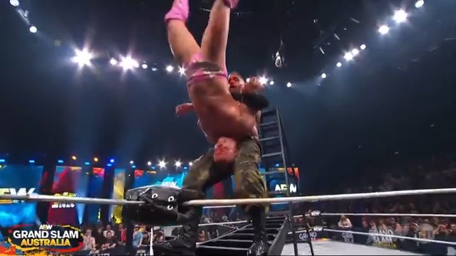 Both competitors go crashing through the ladder off of the top rope with a Jay Driller! Watch #AEWGrandSlam Australia on TNT &amp; HBO Max