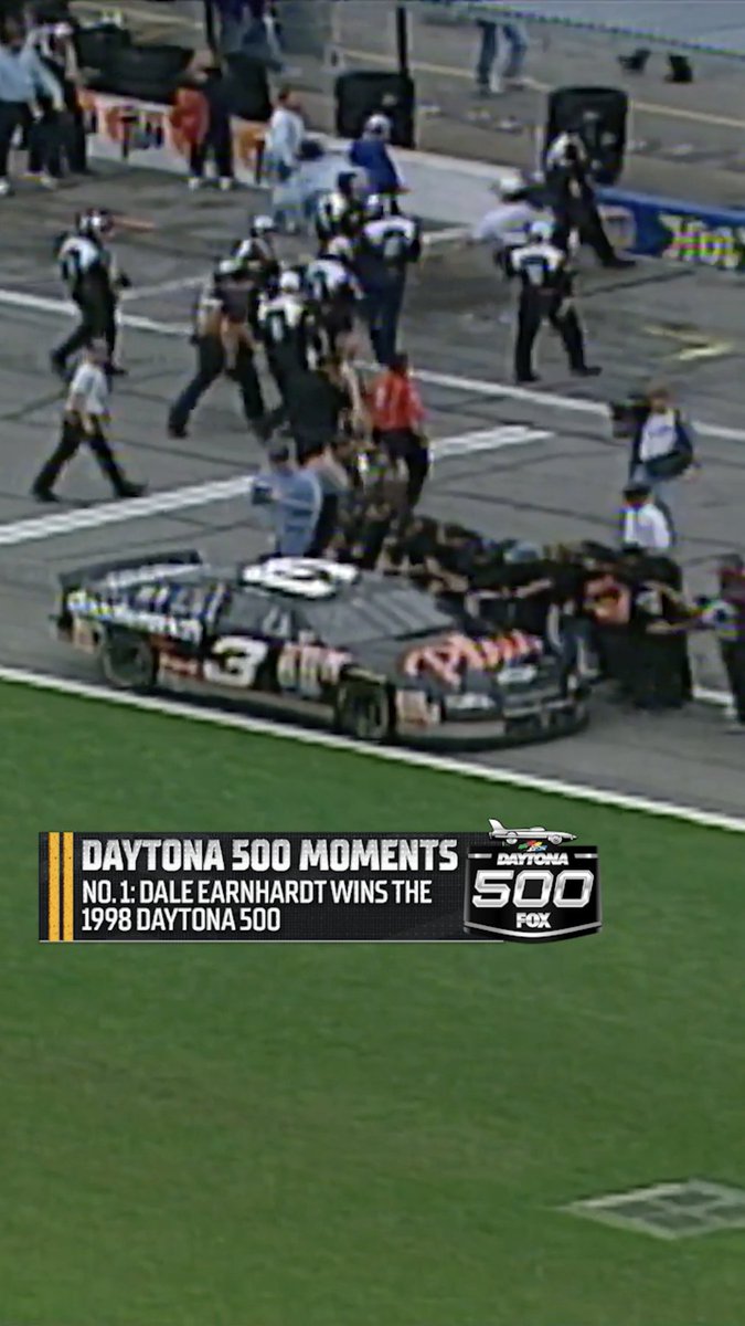 Memorable Moments of the Daytona 500 (according to Bob Pockrass). No. 1: "Twenty years of trying. Dale Earnhardt finally wins the Daytona 500 in 1998. As he drives down pit road to get to victory lane, opposing teams line up to congratulate him in an iconic NASCAR moment."