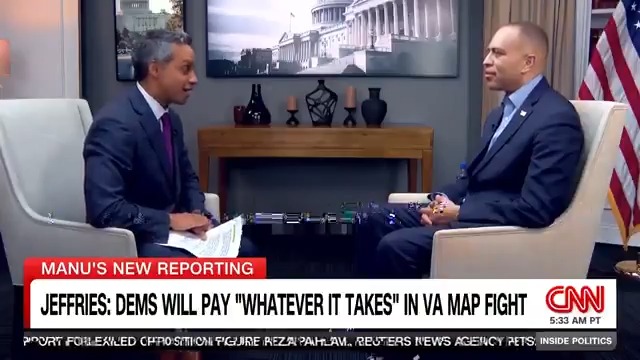 NEW: "When they go low, we strike back." House Minority Leader Hakeem Jeffries tells Manu Raju Democrats are "going to finish" the redistricting "war" — as the party looks to take back the majority in the midterms. #InsidePolitics