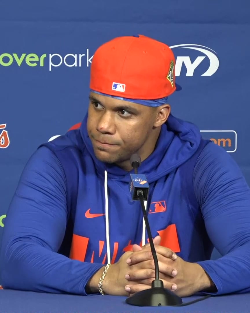 Juan Soto is asked about possibly missing Pete Alonso's protection behind him in the Mets' lineup: "We have Bo [Bichette], I trust him. He's a great hitter. He can hit homers and hit for average. That's great protection."