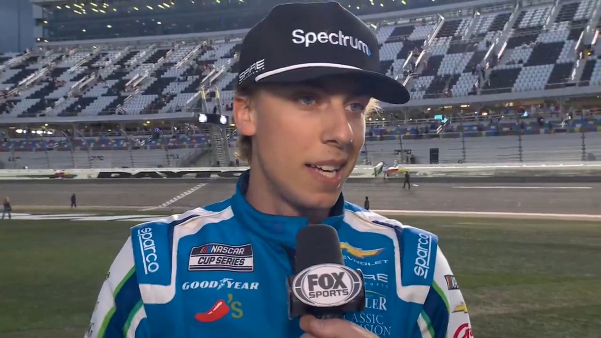 So, so close. He was leading at the white flag. Carson Hocevar talks with Regan Smith after the Daytona 500 finish.