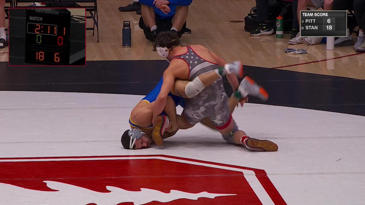 TOP-10 UPSET ALERT 🚨 No. 13 Angelo Posada (197) of No. 23 Stanford Wrestling defeats No. 8 Mac Stout of Pitt, 5-2. #NCAAWrestling x 🎥 ACCNX