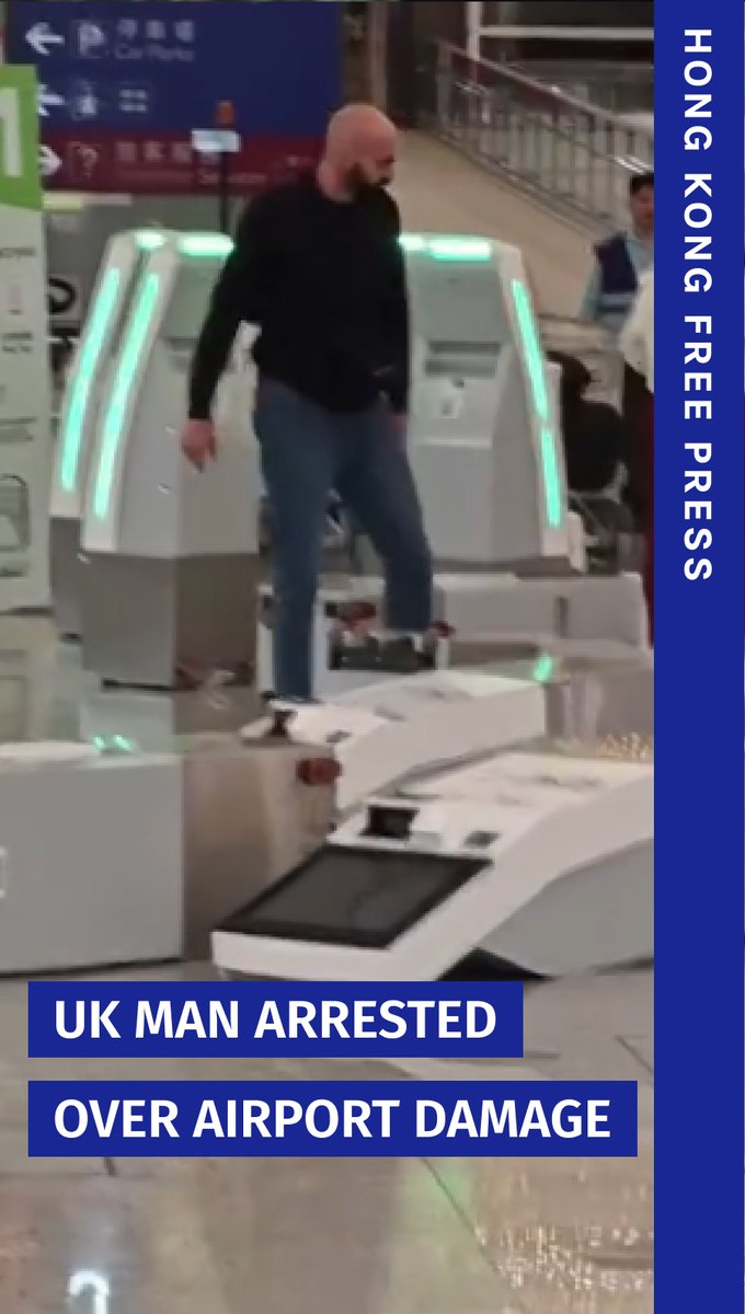 A 35-year-old British man has been arrested after a viral video appeared to show him damaging self-service check-in kiosks in the early morning of Monday at the Hong Kong International Airport. Full story: Video: @kennryoutei/Threads.