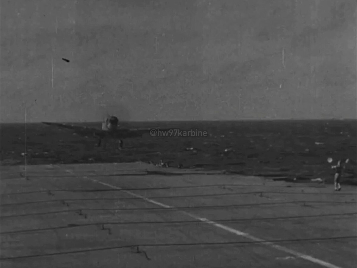 Hard landing for a British 24th Naval Fighter Wing Supermarine Seafire Mk III on HMS Indefatigable in 1945