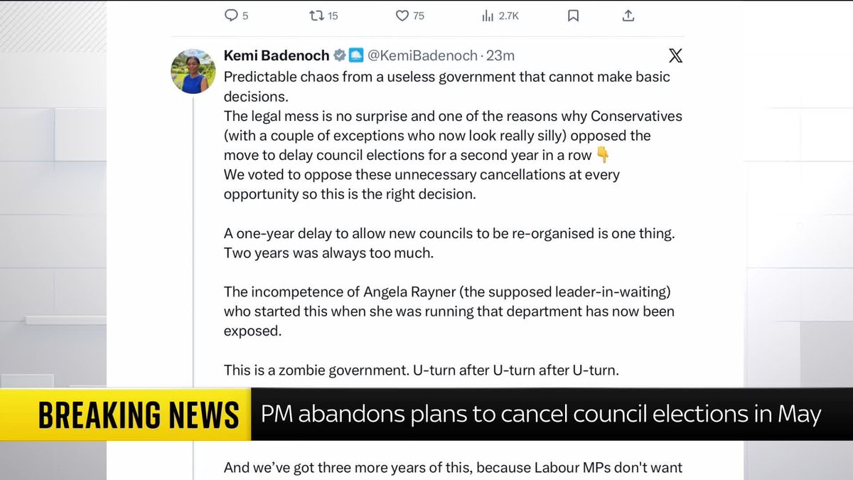 BREAKING: Conservative leader Kemi Badenoch called Labour "a zombie government" after the party abandoned its plans to delay 30 local elections due in May. 📺 Sky 501, Virgin 602, Freeview 233 and YouTube