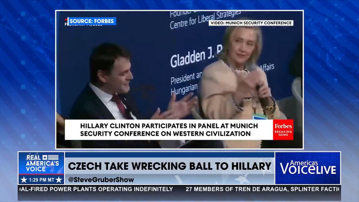 CZECH POLITICIAN TAKES RUN AT HILARY CLINTON, SHE IS TOLD TO LET HIM TALK "Can I please finish? I am sorry that this makes you nervous." You can't miss these two moments from the former Secretary of State in Munich. Steve Gruber