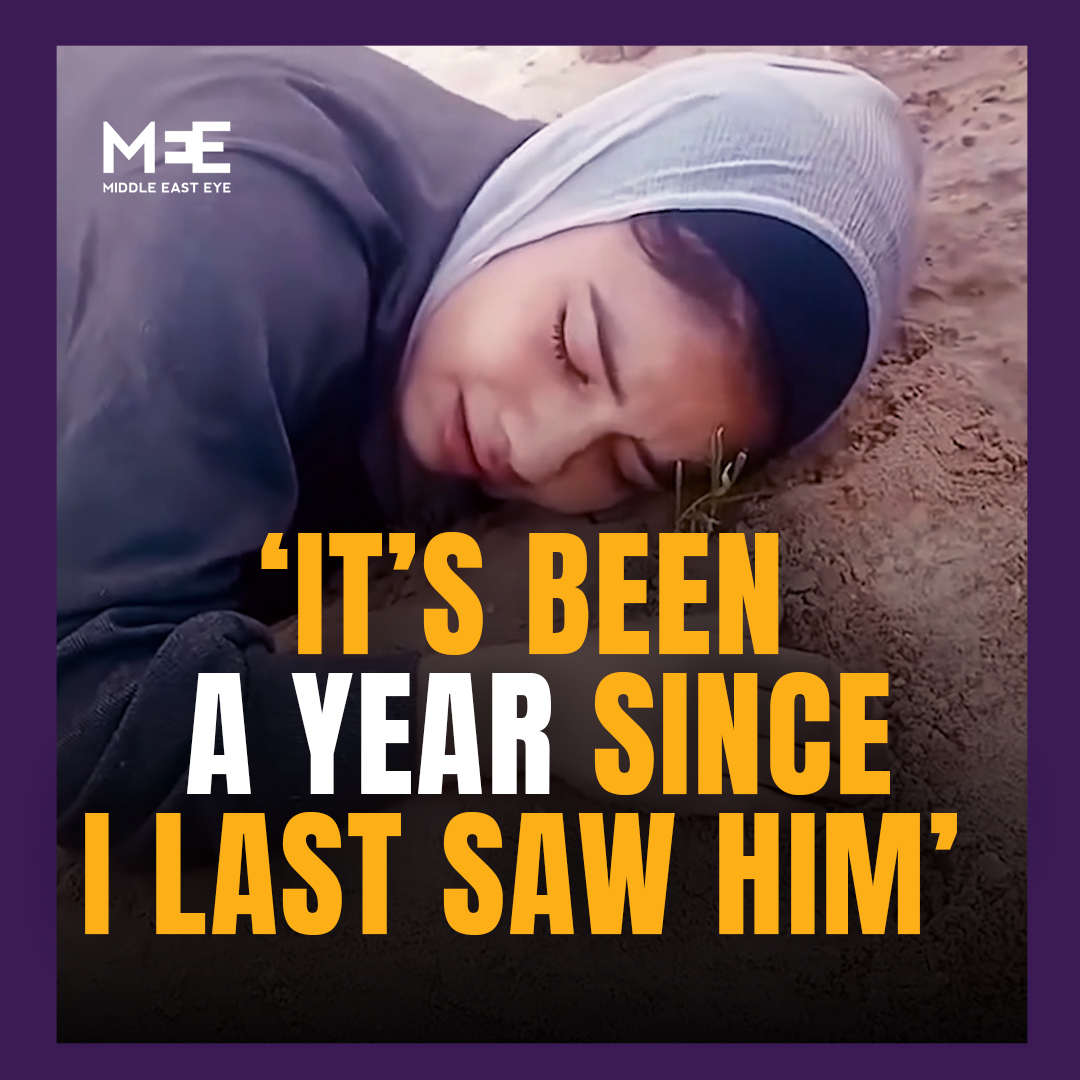 “We're still young, you left us and went.” A Palestinian girl cries at the grave of her father, who was killed in an Israeli air strike a year ago in Gaza