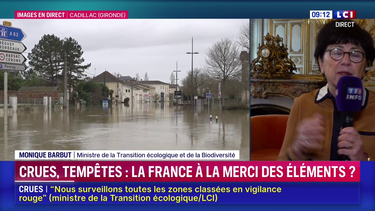 🗣️ "Il faut arrêter d'artificialiser nos sols (...) Il faut avoir des politiques de stockage de l'eau, mais je ne parle pas de mégabassines" 🔴 Crues historiques : Monique Barbut, ministre de la Transition écologique et de la Biodiversité, est en direct sur LCI