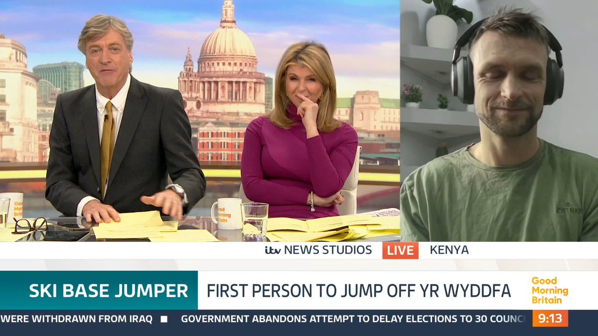Former Royal Marine Tim Howell has become the first person ever to ski-base jump off Yr Wyddfa, previously known as Mount Snowdon. Tim was waiting five years for perfect conditions to take the plunge. He talks to Richard and Kate about the jump.