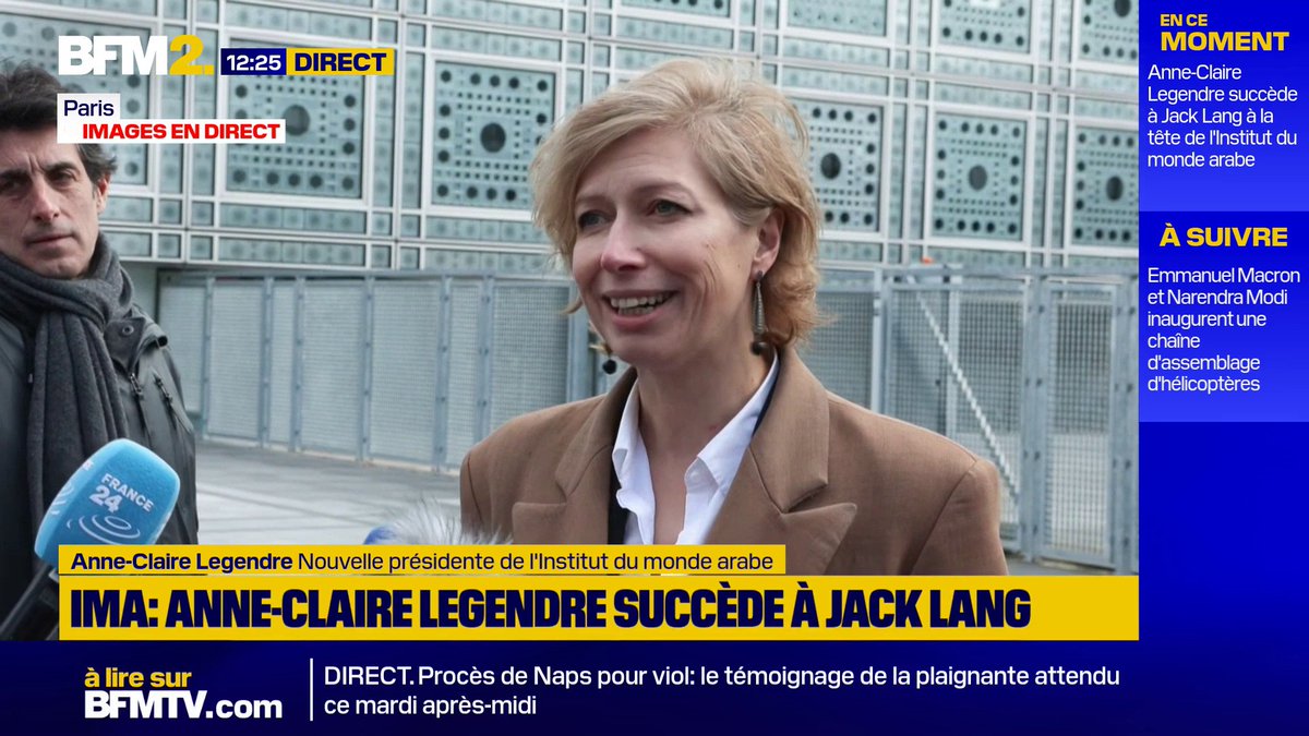 💬 "C'est un immense défi et c'est un immense bonheur " Anne-Claire Legendre succède à Jack Lang à la tête de l'Institut du monde arabe et entend donner un "nouvel élan" à l'institution #BFM2