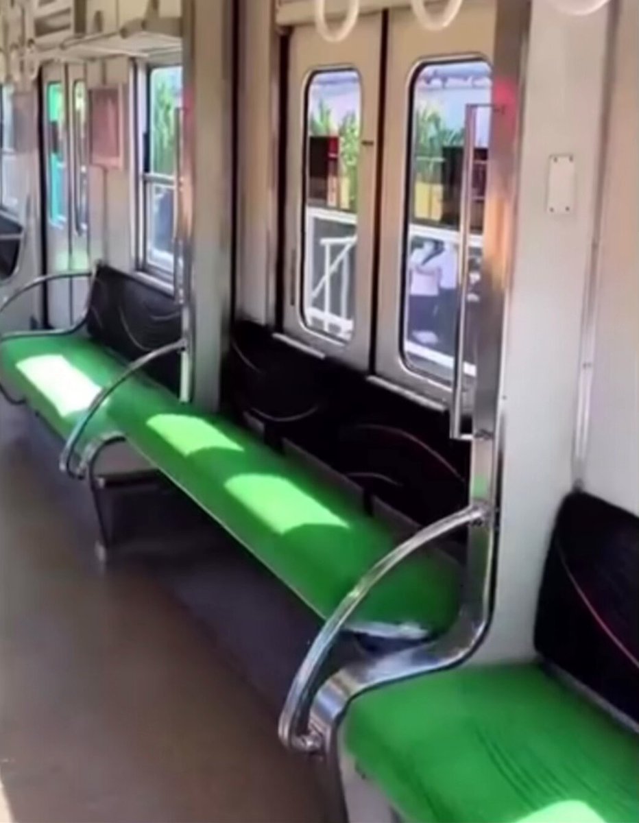 The Keihan 5000 series commuter train in Japan was introduced in 1970. It features seats that can be raised to the ceiling during peak rush hours to increase standing room, and lowered to provide extra seating during off-peak hours