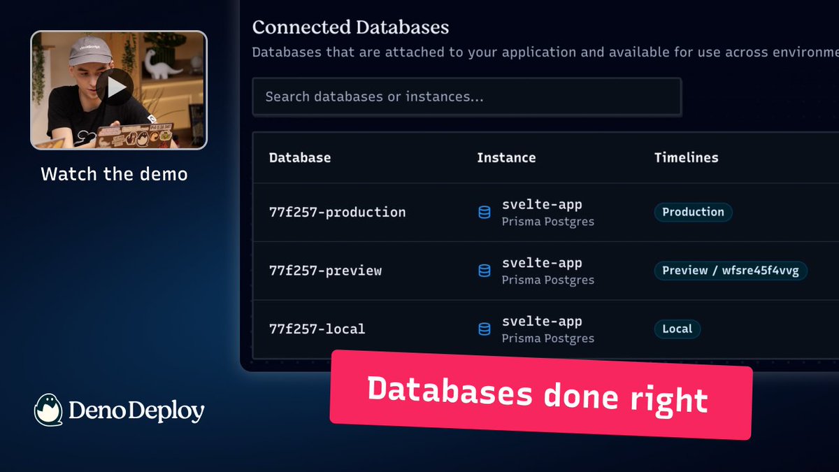 Deno Deploy has databases done right. Instant serverless Postgres databases. BYO, or get one from our friends at Prisma Postgres. Watch the full demo 👉