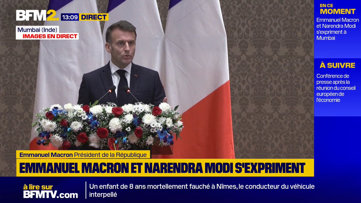 La France et l'Inde ne veulent "subir aucune forme d'hégémonie" ni la "conflictualité de quelques-uns", assure Emmanuel Macron depuis Mumbai #BFM2