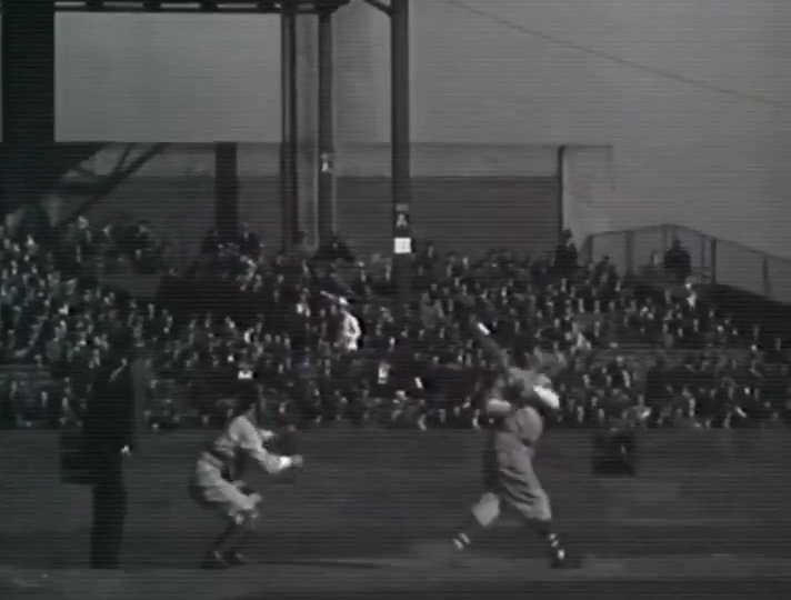 Rare footage of Babe Ruth hitting a home run during an exhibition game in Newark, New Jersey.