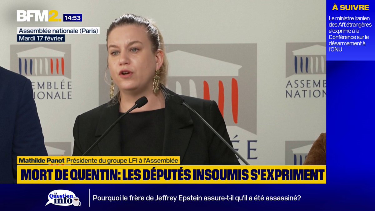 💬 "Faire croire maintenant que ce serait la gauche qui serait violente (...) est irresponsable et dangereux" Mathilde Panot, présidente du groupe LFI à l'Assemblée, sur la mort de Quentin Deranque à Lyon #BFM2