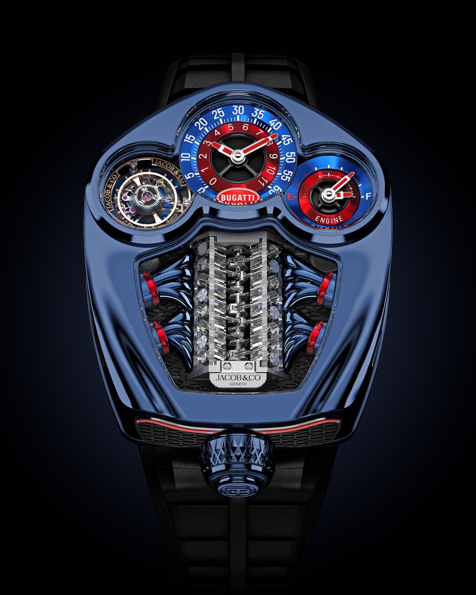 The Jacob &amp; Co BUGATTI TOURBILLON in blue titanium: a mechanical engine for the wrist. Flying tourbillon. BUGATTI V16-inspired automaton. Performance and precision. #BUGATTI #JACOBANDCO