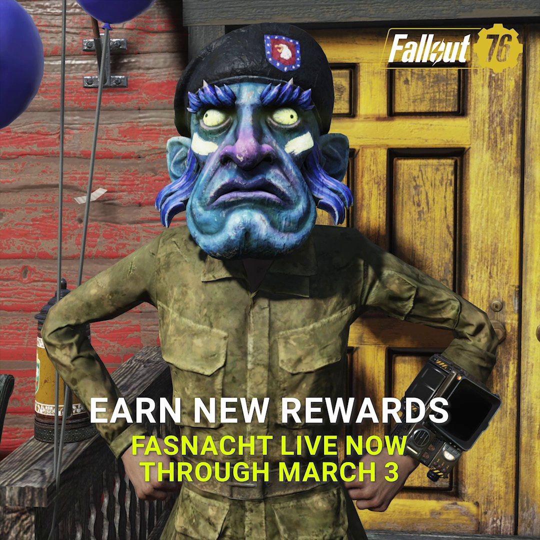 Fasnacht is back with new masks to earn! Kick off the festivities with your friends at the top of the hour from February 17 - March 3. #Fallout76