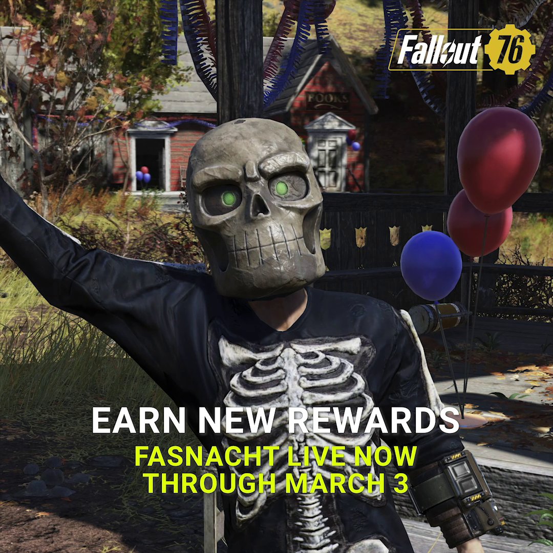 Fasnacht is back in #Fallout76 with new masks to earn! Join in on the festivities with your friends at the top of the hour from February 17 - March 3.