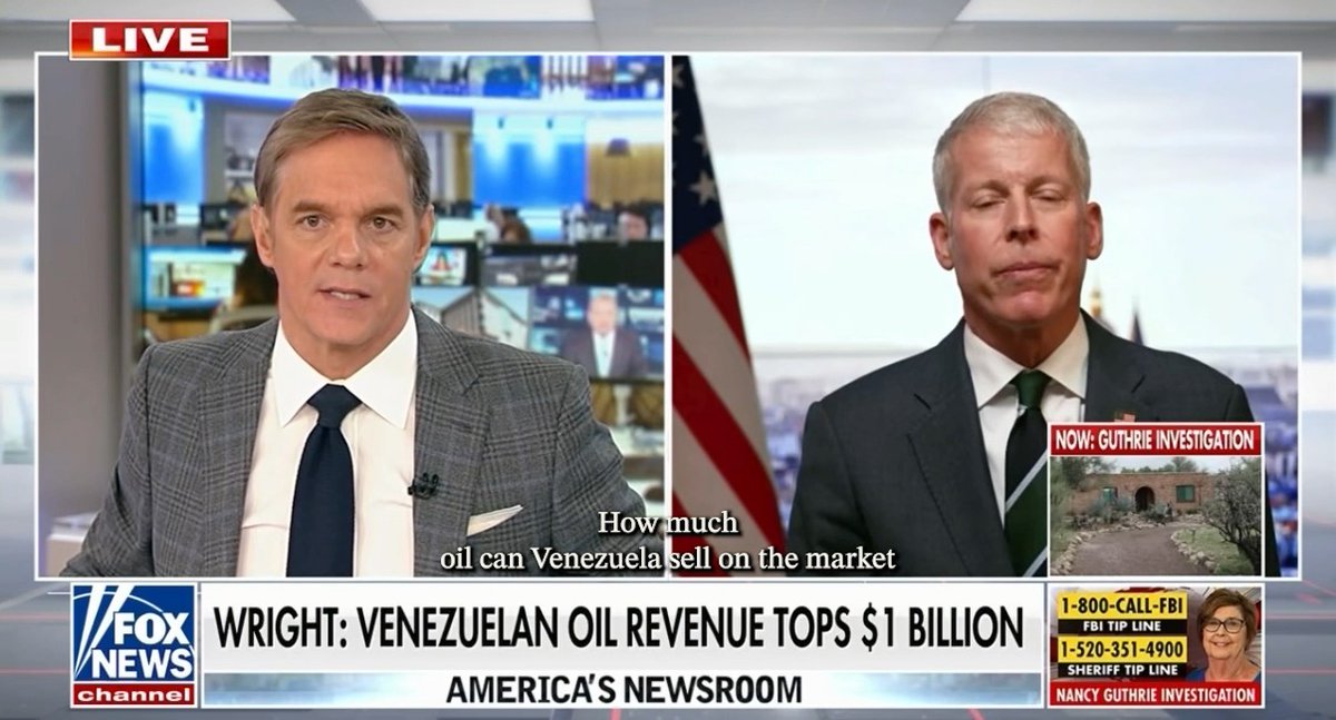 Venezuelan oil sales have already surpassed $1 BILLION, will surpass $5 BILLION in the coming months, and will be $10 BILLION a year. Secretary Chris Wright: "This is way out of the box, groundbreaking Trump diplomacy."