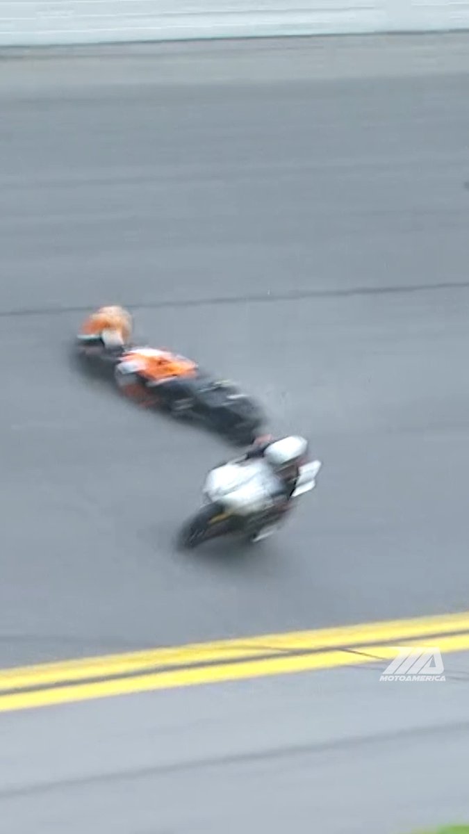MAJOR CRASH AT DAYTONA! 😱 Rainy qualifying conditions at the 80th running of the Daytona 200 made for a slick track, sending Christian Miranda and several others down. Thankfully, all riders walked away okay. 📁 2022 #Daytona200 #Motorsport #Motorcycle #BikeWeek #Daytona