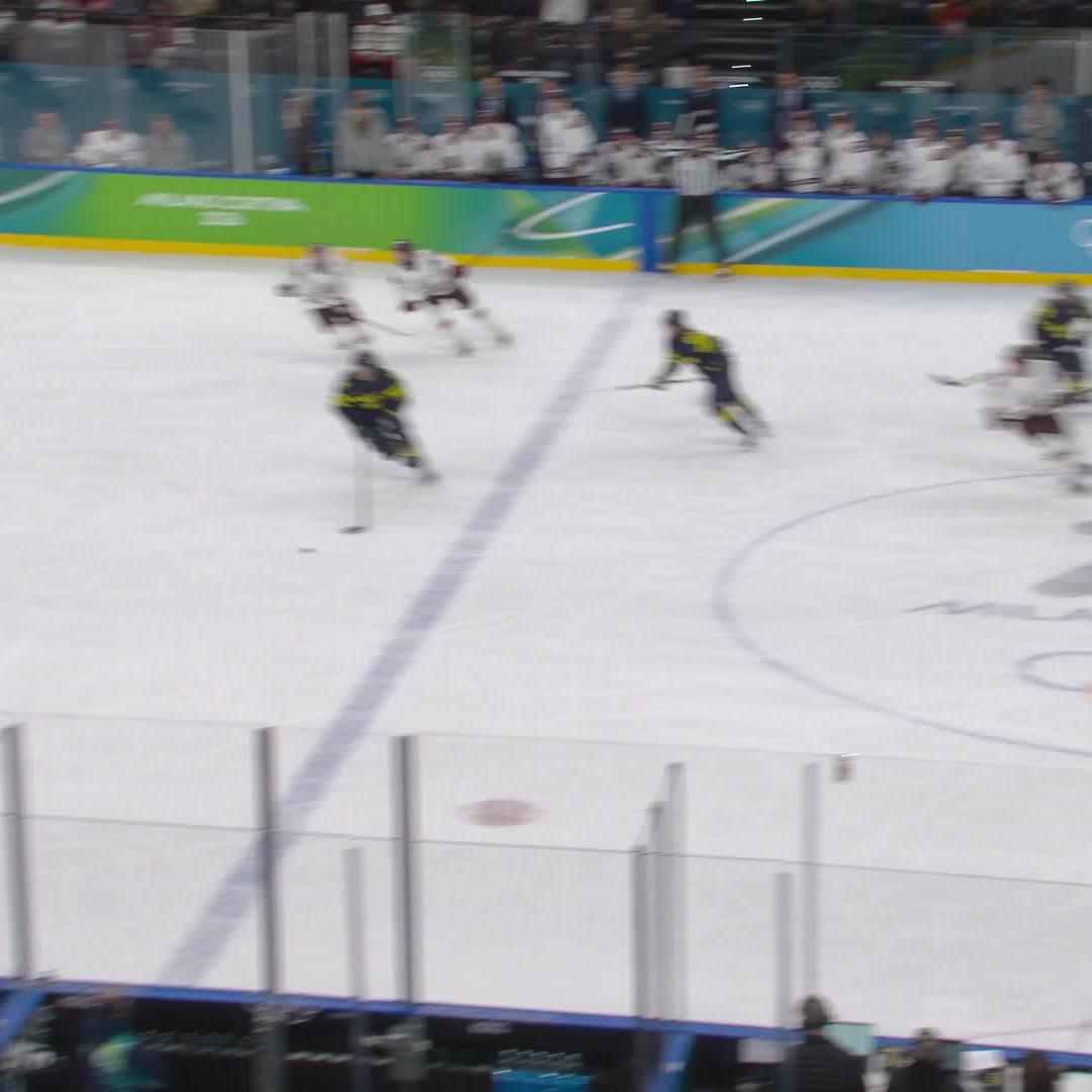 Tossed to the crease and tipped home. Sweden strikes.