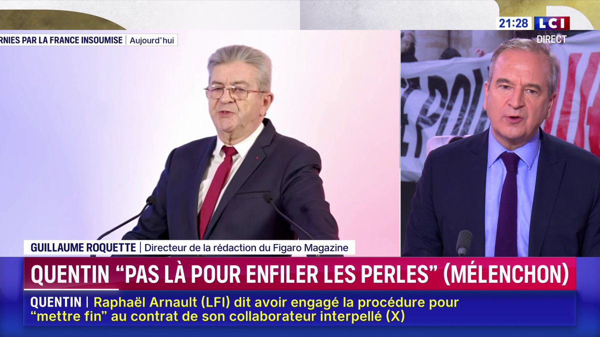 🔴🗣️ "J'ai du mal à croire que Jean-Luc Mélenchon ne savait pas jusqu'à ce soir de quelles exactions se rendait coupable la Jeune Garde (...) Ça va être de plus en plus difficile pour LFI d'affirmer qu'ils n'ont rien à voir avec ce qu'il s'est passé" : Guillaume Roquette sur LCI