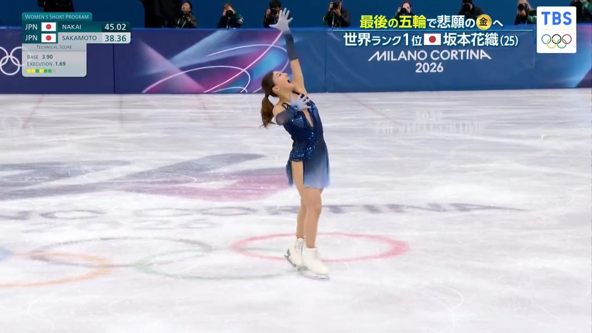 📡TBS系列放送中📡 【#ミラノ・コルティナ 冬季オリンピック】 ❄️フィギュアスケート女子SP❄️ ＝第5グループ＝ 🎥 悲願の🥇へ 🇯🇵#坂本花織 の演技 77.23で現在暫定2位‼️ 現在暫定トップは 🇯🇵#中井亜美 78.71