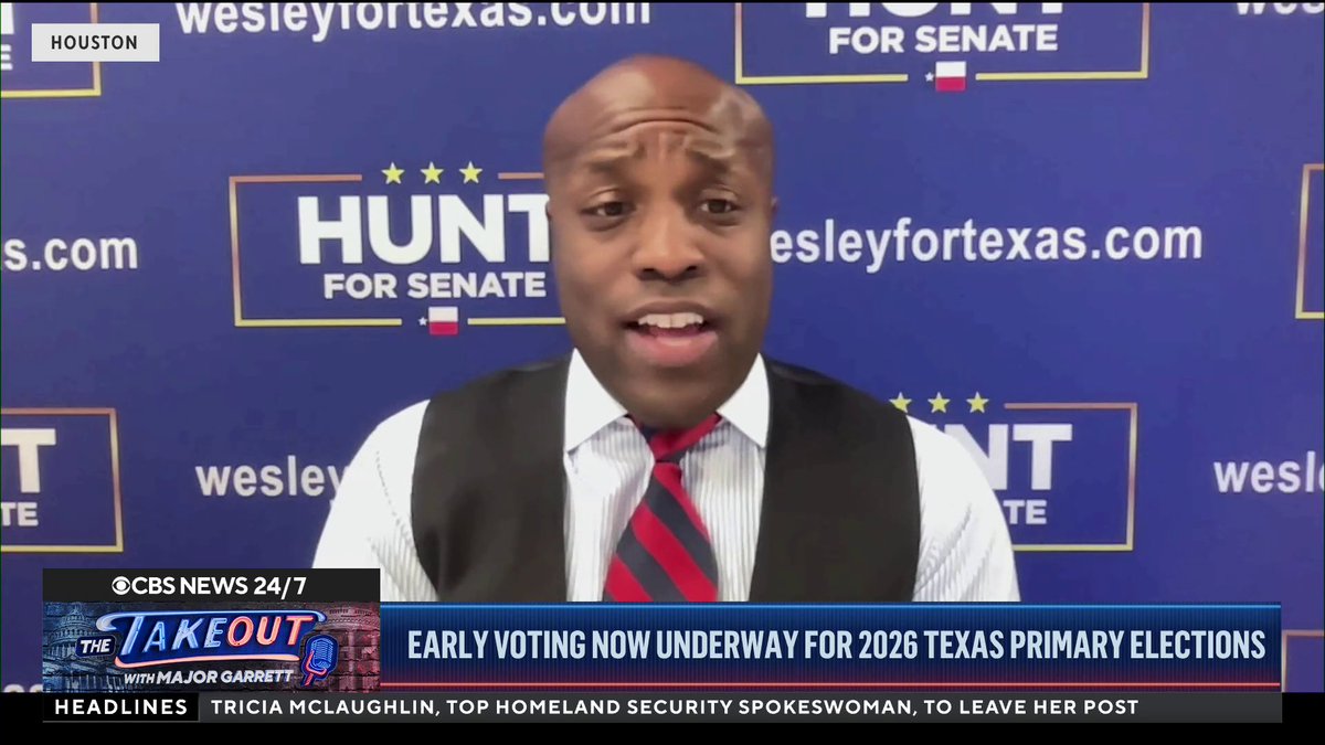 Rep. Wesley Hunt said President Donald Trump’s endorsement in the Texas Senate GOP primary has "got to be earned,” arguing it remains up for grabs as early voting gets underway in the state. In an interview with CBS News’ Major Garrett on “The Takeout,” Hunt noted that Trump has yet to back incumbent Republican Sen. John Cornyn, “which means that it still can be earned, and that’s exactly what I intend on doing.”