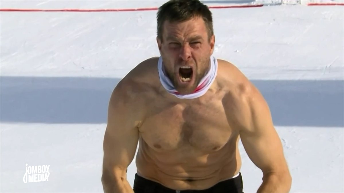 40-year-old snowboarder goes shirtless