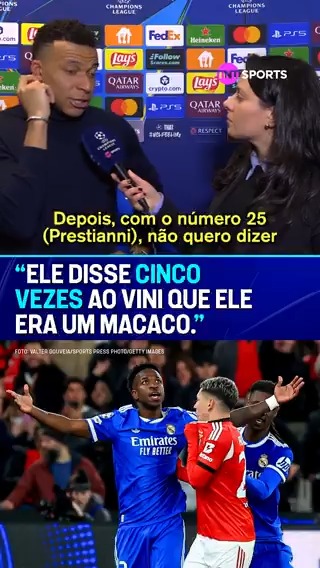 "NÃO QUERO DIZER O NOME DELE!" 😱⚠️ Em papo exclusivo com a nossa Tati Mantovani, Kylian Mbappé contou TODOS OS DETALHES do momento em que Prestianni colocou a camisa em cima do rosto e Vini Jr. o acusou de ter dito falas racistas. 🚨 #MFM #CasaDaChampions #PósJogo #Entrevista