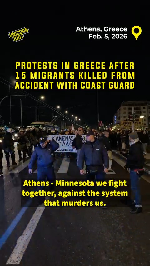 On Feb. 5, ~1,000 people demonstrated in central Athens, chanting slogans such as “Athens – Minnesota we fight together, against the system that murders us,” “open borders for refugees,” and “we live together, we work together with the migrants, fight the nazis.”