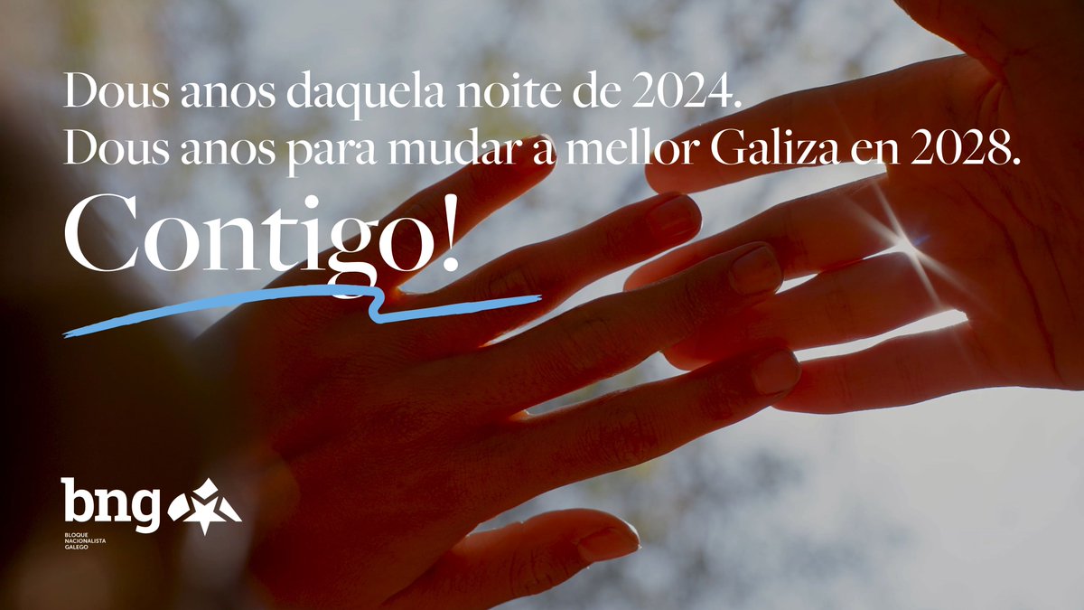 Pasaron 2 anos das Galegas de 2024. Tivemos o mellor resultado da historia do BNG e vivimos unha maré desbordante de ilusión. Non nos conformamos. Estamos aquí para gañar e darlle a Galiza o mellor futuro. Traballamos cada día por unha GZ viva, forte, xusta e próspera, contigo.