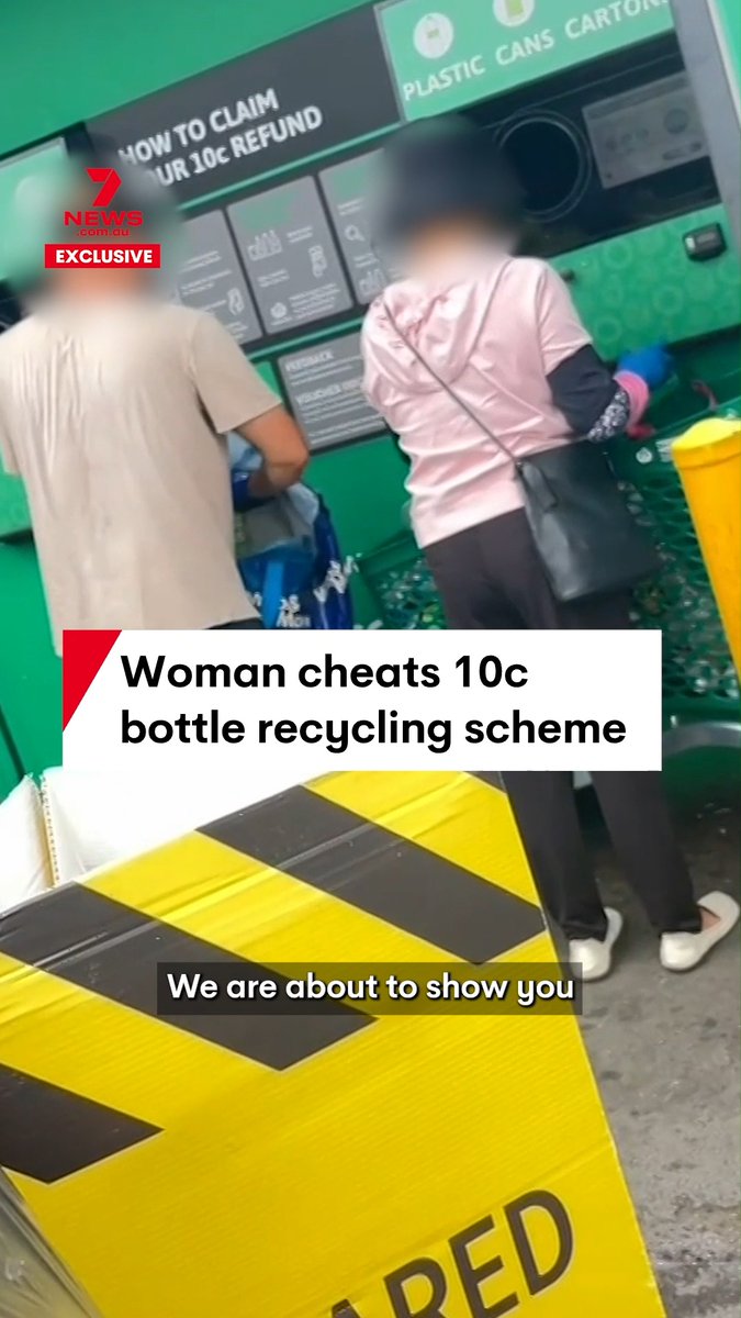 #EXCLUSIVE: Video shows a woman cheating the 10c bottle recycling scheme in Queensland. She scans an eligible can with one hand and with the other, she pushes rubbish, at Upper Mt Gravatt, Brisbane. #ContainersforChange #Recycling #CCTV