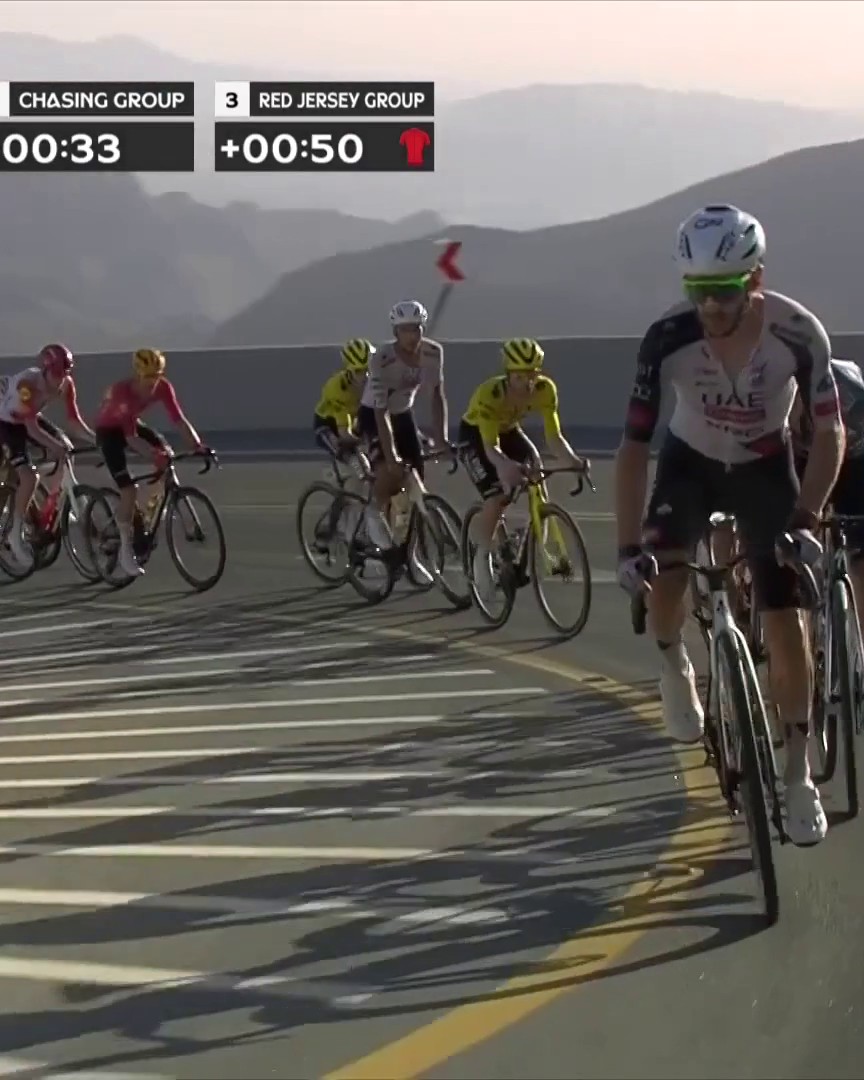 Que c'est dur pour le leader de l'UAE Tour ! Aérien sur le chrono, et depuis le début de saison, Remco Evenepoel est saisi de crampes dans les pentes de Jebel Mobrah 🥵