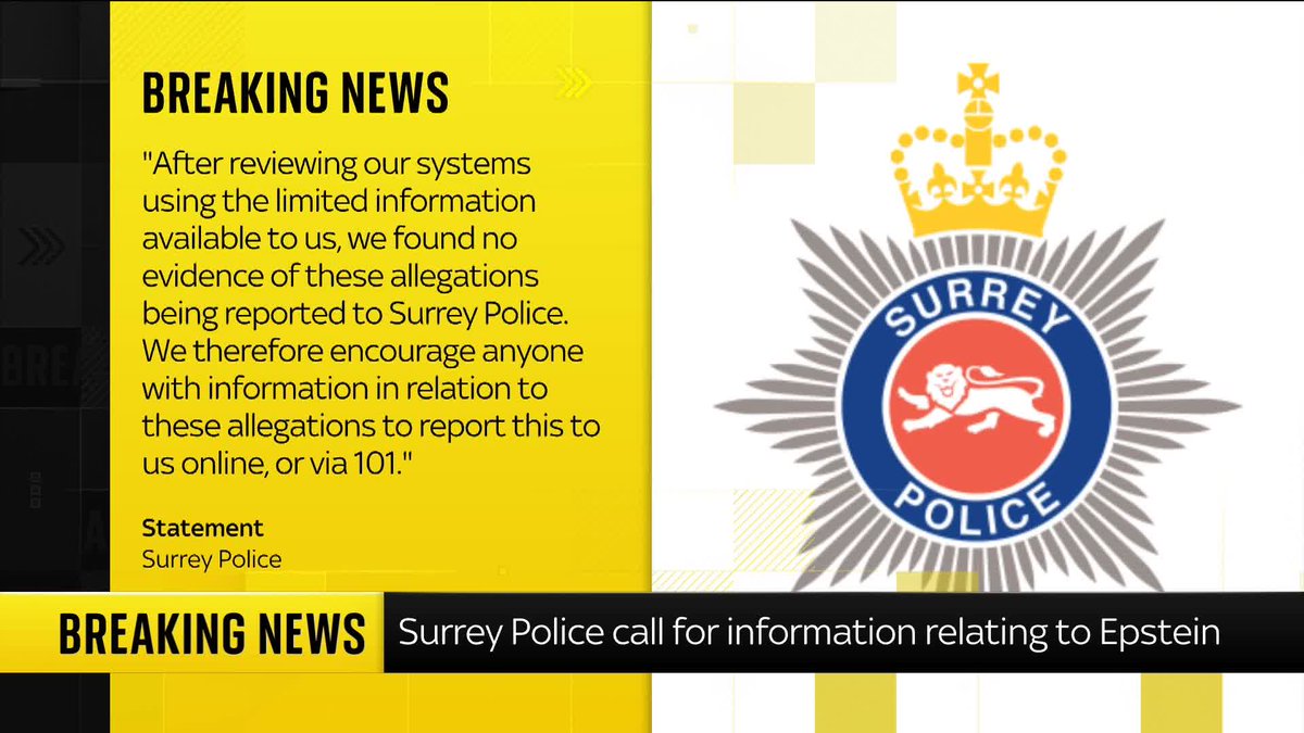 BREAKING: Surrey Police call for information relating to Jeffrey Epstein. 📺 Sky 501, Virgin 602, Freeview 233 and YouTube