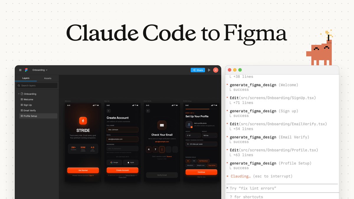 You can now push what you’re building in Claude Code directly into Figma. With the latest updates to the Figma MCP server, build a working prototype in code, then send it to a Figma canvas to explore multiple versions.