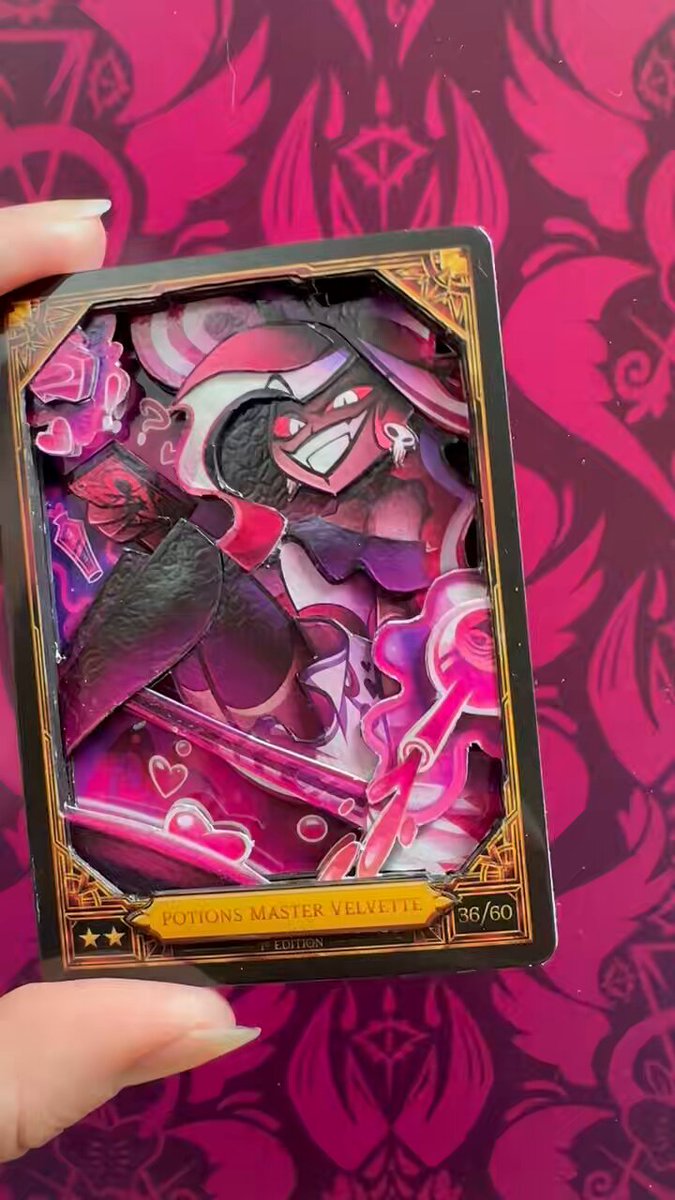 Made a 3D Potions Master Velvette!! I LOVE THIS CARD OF HERS SO SO MUCH SHES STUNNING JAWDROPPING BEAUTIFUL on that note, please, I am looking to buy/trade bulk of yalls shitty cards for cheap if anyone wants to offload! I need fodder for spacer cards… #HazbinHotelVelvette
