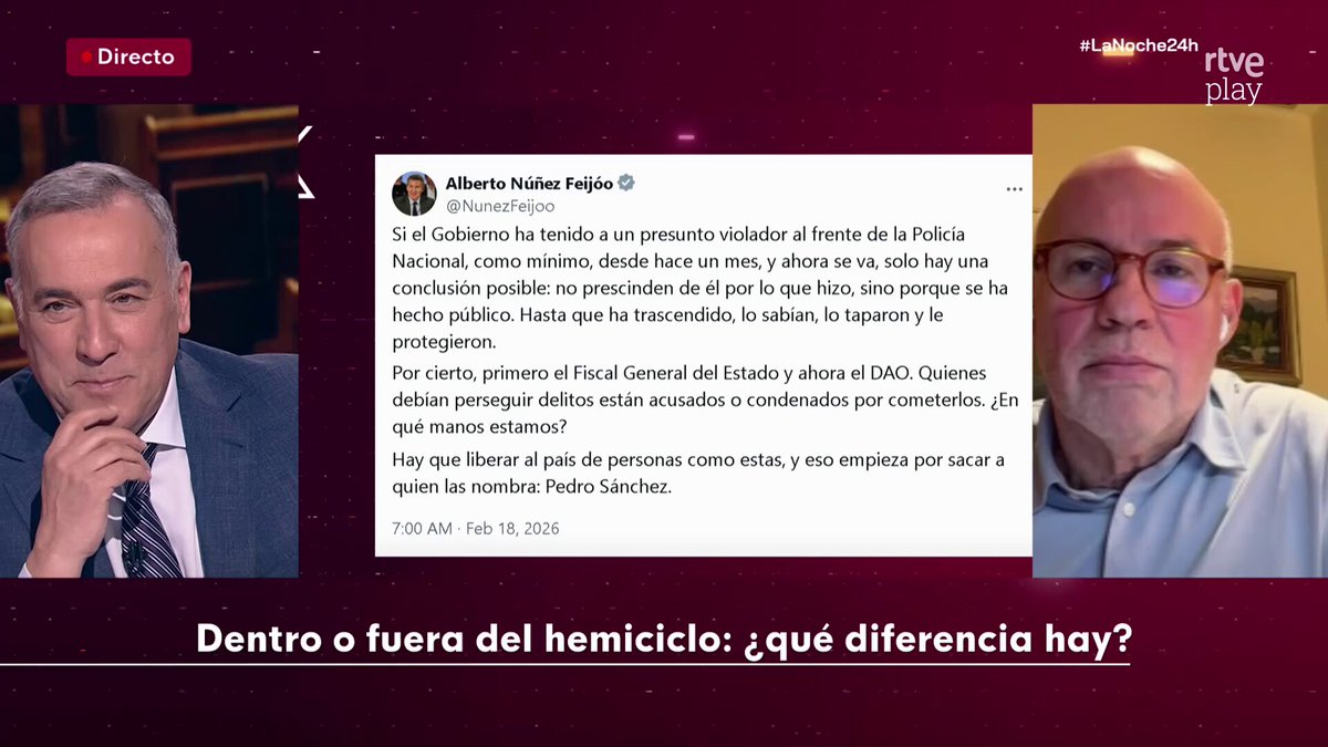 Ignacio González Vega (Ignacio GonzálezVega), magistrado: "Las manifestaciones de Feijóo en 'X' son como ciudadano, o incluso como político, por tanto, están fuera de sus funciones y podrían ser susceptibles de ser perseguidas legalmente". #LaNoche24h ▶
