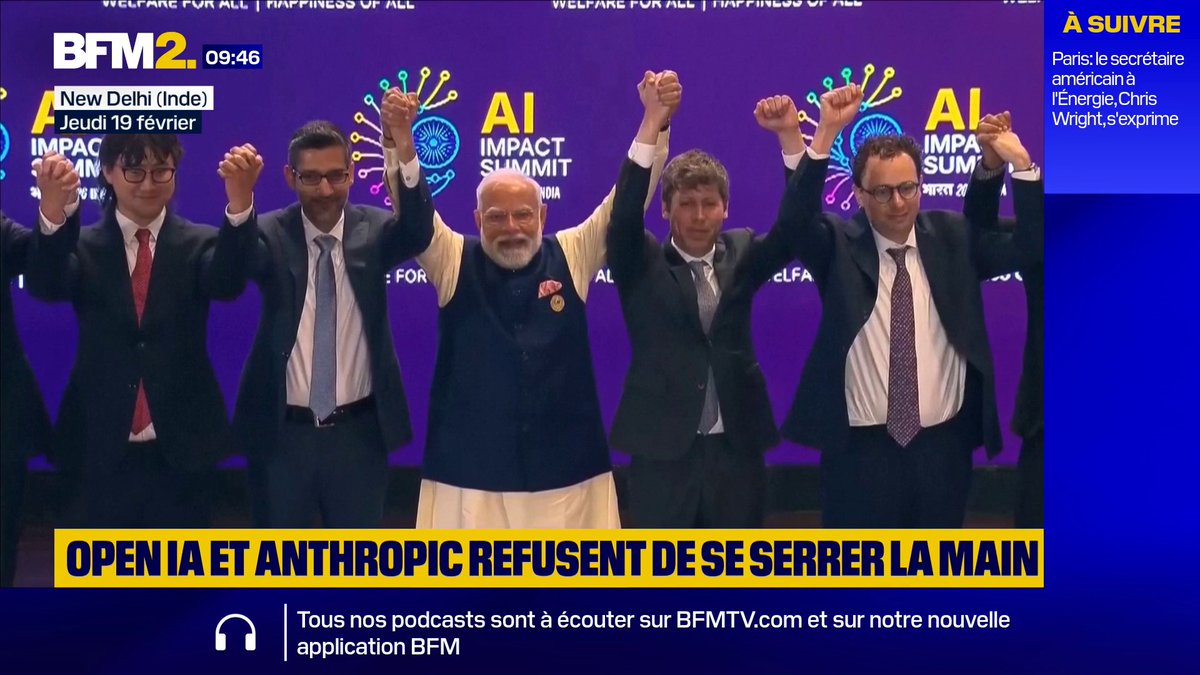 Sam Altman, PDG d'OpenAI et Dario Amodei, PDG d'Anthropic refusent de se tenir la main lors de la photo de famille du sommet de l'IA à New Delhi #BFM2