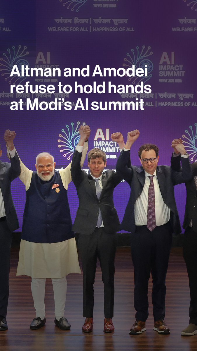 Sam Altman and Dario Amodei, CEOs of rivals OpenAI and Anthropic, refused to hold hands at an AI summit in India. The two tech chiefs were positioned next to each other in a lineup of business and political leaders, and instead stood with their hands in the air and avoided eye contact