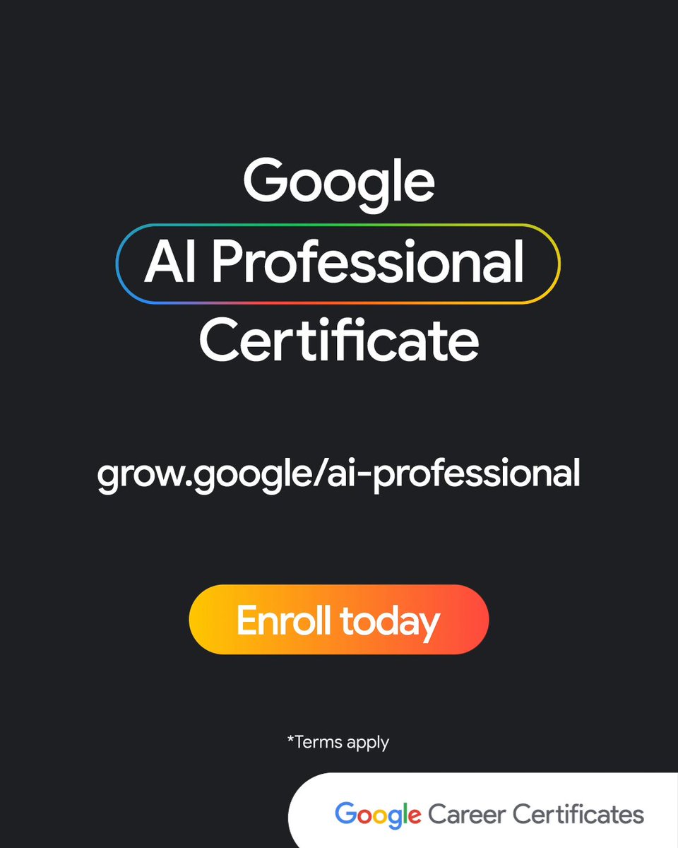 Our new Google AI Professional Certificate from #GrowWithGoogle features 20+ hands-on labs designed to help you use AI as a partner in your daily work. You’ll learn how to: ✔️ Build project plans and daily workflows ✔️ Vibe code custom AI applications for your job ✔️ Generate custom marketing and creative assets ✔️ Develop data-backed market research