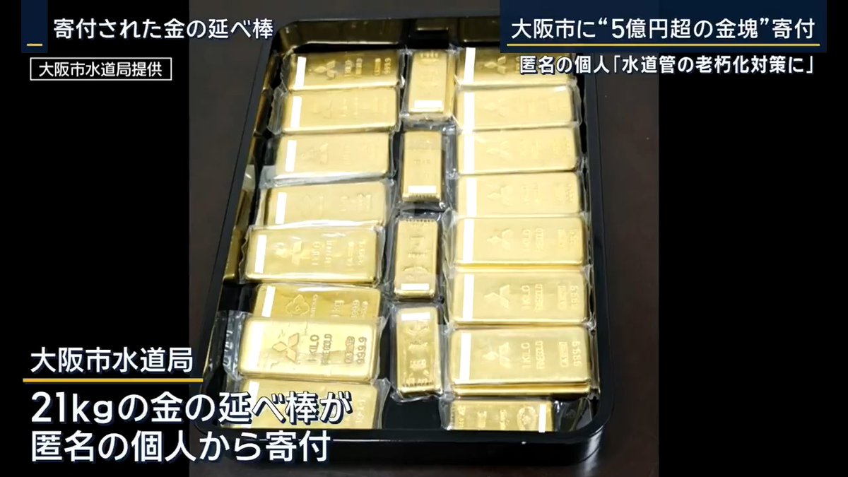 A Japanese person made an anonymous donation of $3.6 million worth of gold bars to the Osaka City government, with the stipulation that it be used to for measures such as replacing aging water pipes. ANN shared this video of the 21kg of gold bars.