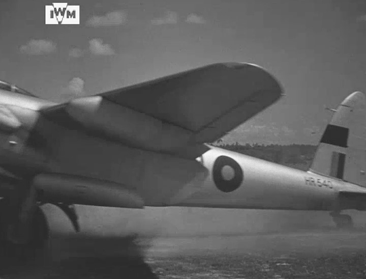 RAF De Havilland Mosquitoes take off on operations from Joari airfield, east of Cox's Bazaar, India, May 1945. Film: IWM ABY 155