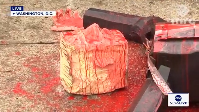 🚨 UNHINGED: Far-left lunatics place a bloody and dismembered effigy of President Trump in the street outside of his Board of Peace meeting in DC. The left gets more and more violent every single day.