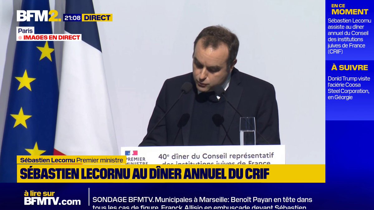 "La haine des Juifs, c'est la haine de la République et c'est le rabaissement de la France", déclare Sébastien Lecornu, au dîner annuel du Crif #BFM2