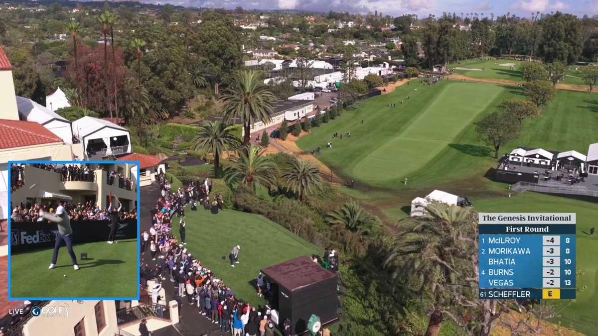 This drone tracer view of Scottie's drive on the famous 1st tee at Riviera. 🤌🚁