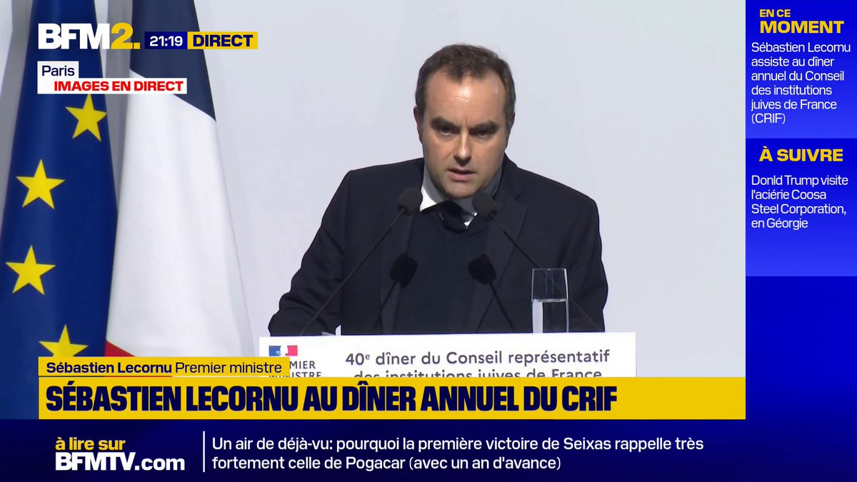 "Le gouvernement inscrira à l'ordre du jour des travaux du Parlement dès ce mois d'avril la proposition de loi portée par la députée Caroline Yadan", affirme Sébastien Lecornu au 40e dîner du Crif. Une loi qui vise à lutter contre les formes renouvelées de l'antisémitisme #BFM2
